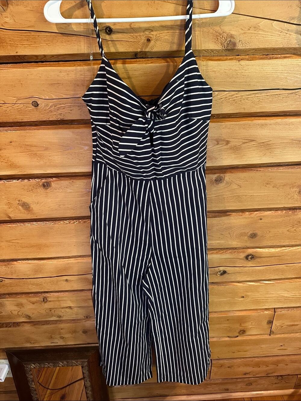 Main Strip Navy White Striped Wide Leg Jumpsuit Size Large
